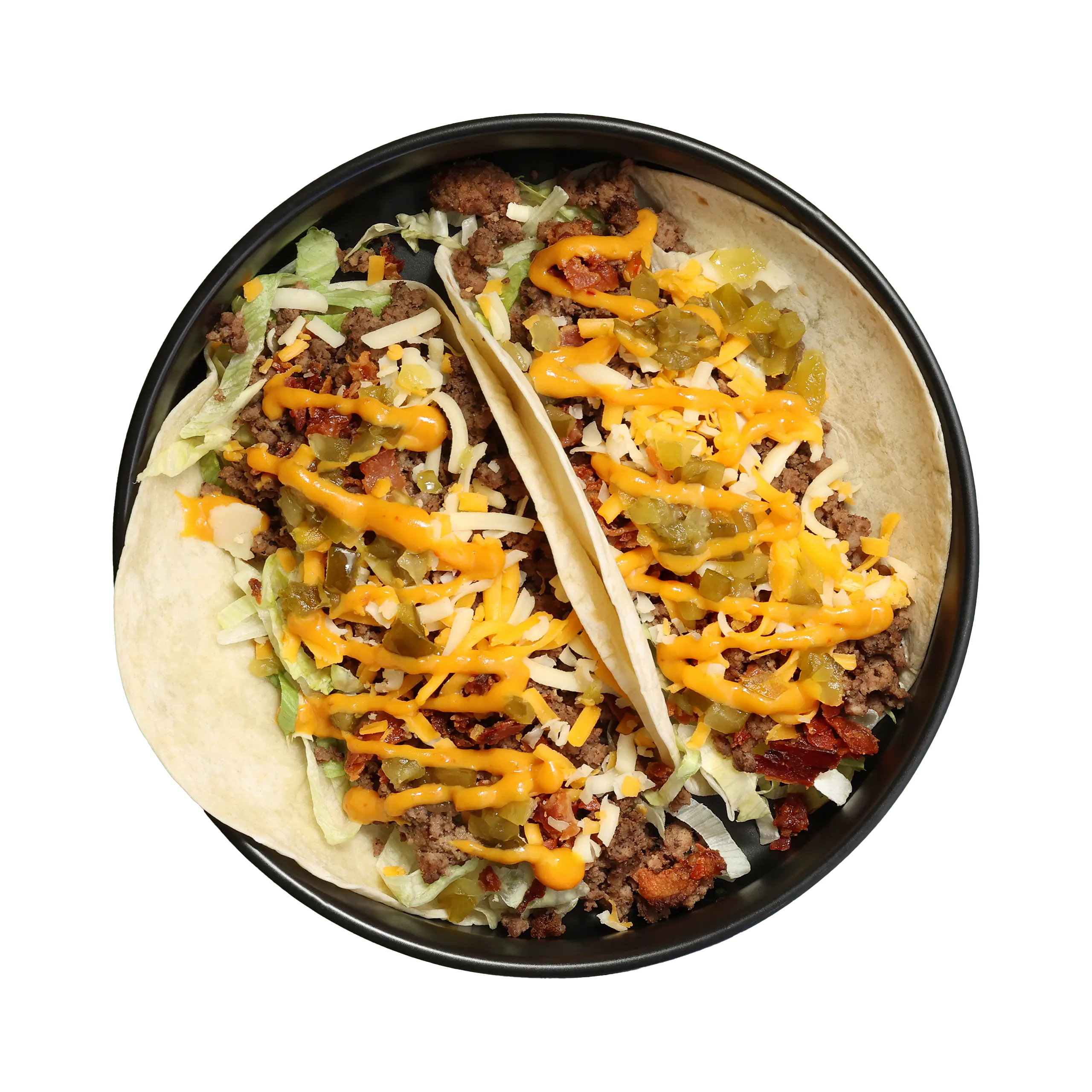 Bacon Cheeseburger Tacos with lean ground beef, bacon, shredded cheese, pickles, lettuce, and cheeseburger sauce in soft tortillas