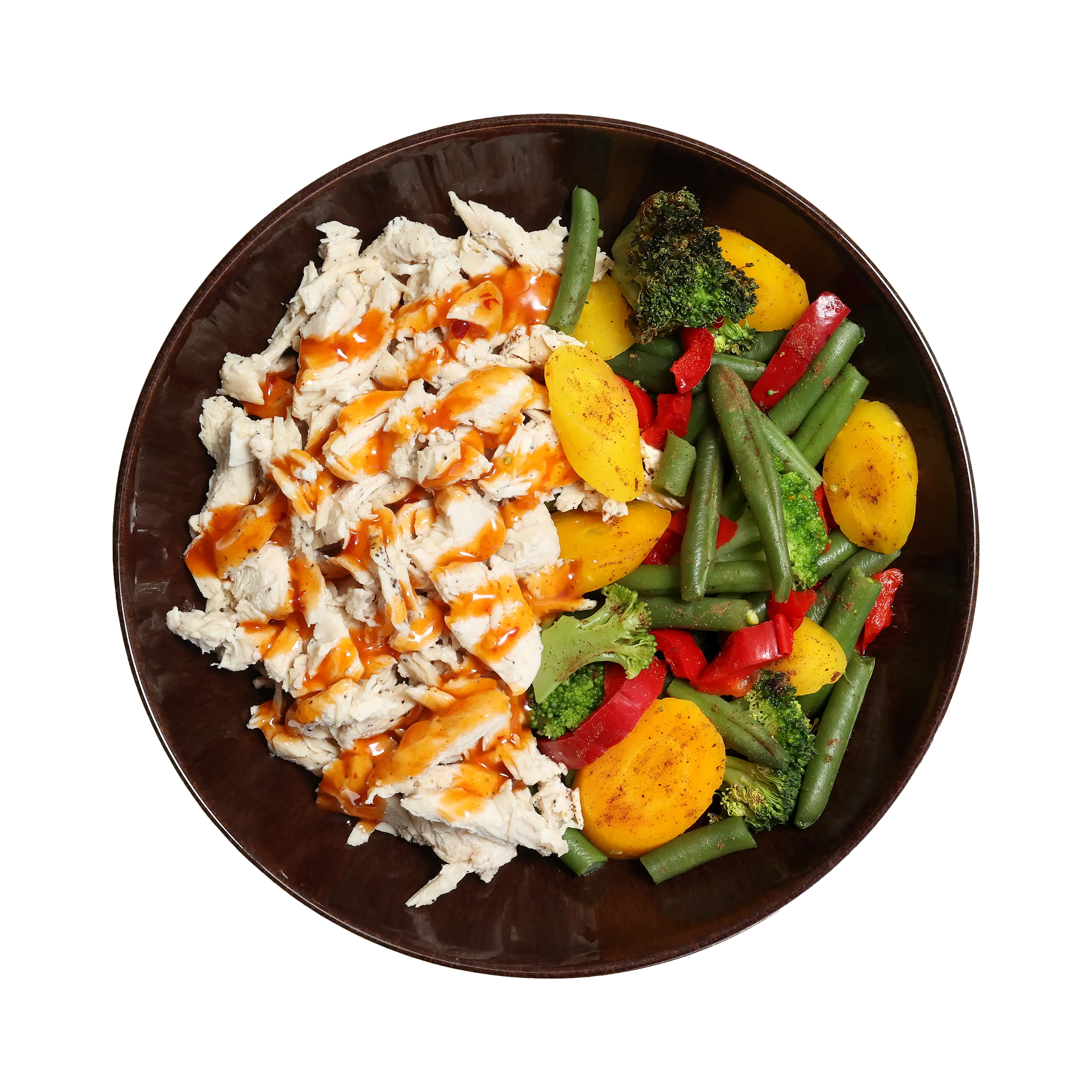 Caribbean Mango Medley with chopped chicken, mango habanero sauce, green beans, broccoli, red peppers, and yellow carrots in a brown bowl