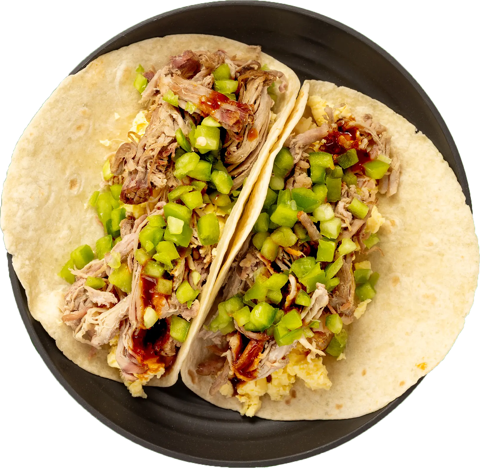Farmhouse Breakfast Tacos with pulled pork, eggs, green peppers, and Korean BBQ sauce