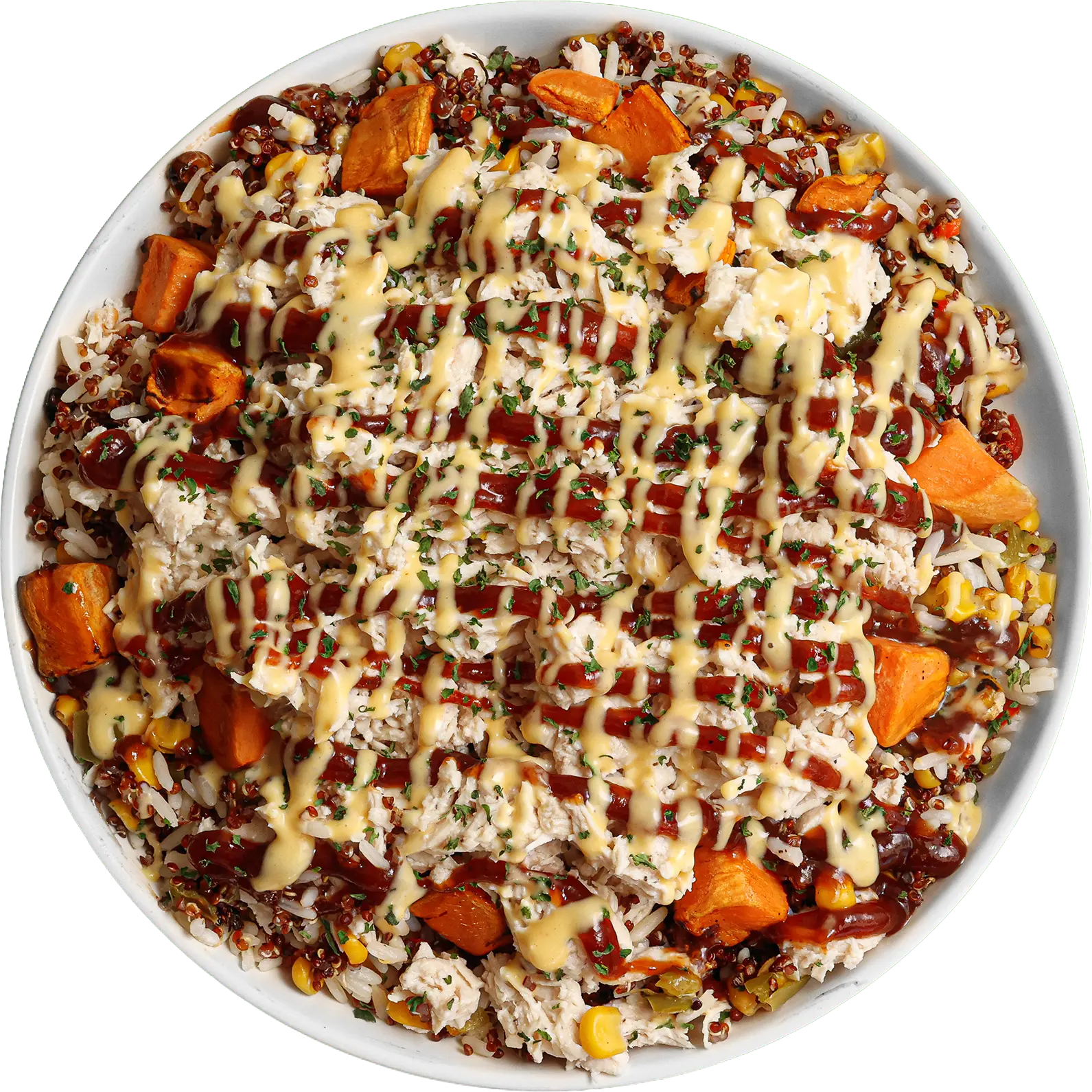Honey BBQ Power Bowl with chicken, quinoa, jasmine rice, sweet potatoes, BBQ sauce, and honey mustard sauce